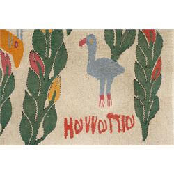 Anatolian pictorial folk art wall hanging or rug, depicting several mountain goats, flamingo and flowers, signed indistinctly 