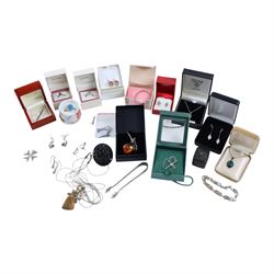 Collection of silver and silver stone set jewellery, including two Pandora rings, cross pe...