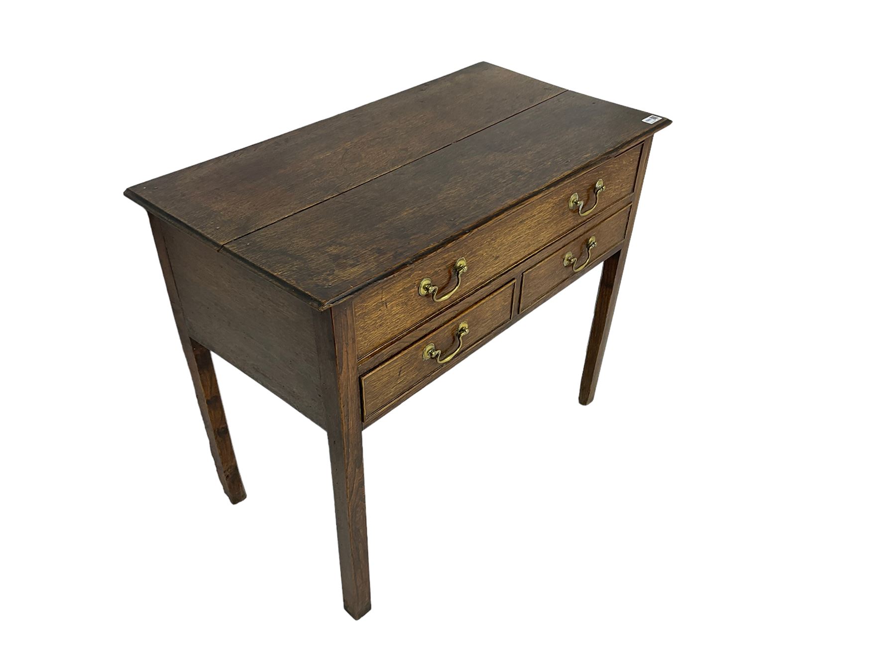 Georgian oak lowboy, rectangular moulded top over three drawers, on square supports