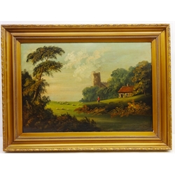  Landscape with Ruined Castle and Sheep Grazing, 19th century oil on canvas unsigned 45cm x 65cm  