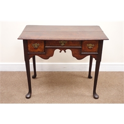  Late 18th century oak low boy, moulded top above three crossbanded drawers with shaped frieze, on turned supports with pad feet, W85cm, D48cm, H68cm  