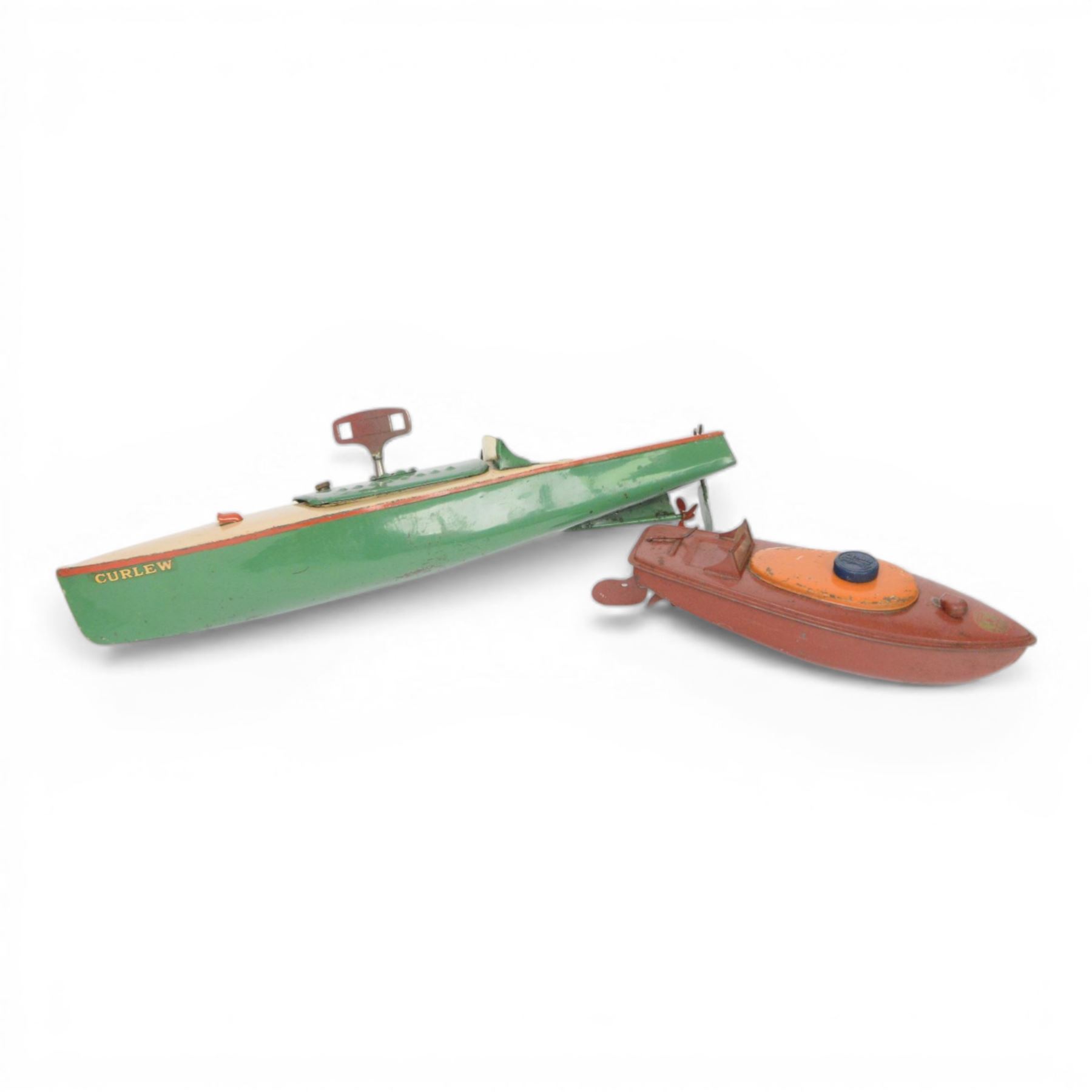 Two tinplate clockwork speedboats, comprising Meccano Hornby Speedboat no. 3 'Curlew', with key and Sutcliffe 'Racer 1'