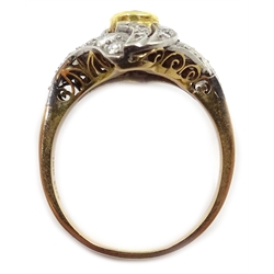  Gold ruby and diamond swirl ring, stamped 18k  
