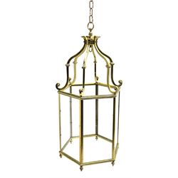 Regency style brass vestibule or hall lantern, glazed hexagonal form with scrolled supports united by upper platform with bracket