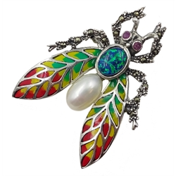 Silver plique-a- jour, pearl, opal and marcasite bug brooch, stamped 925 