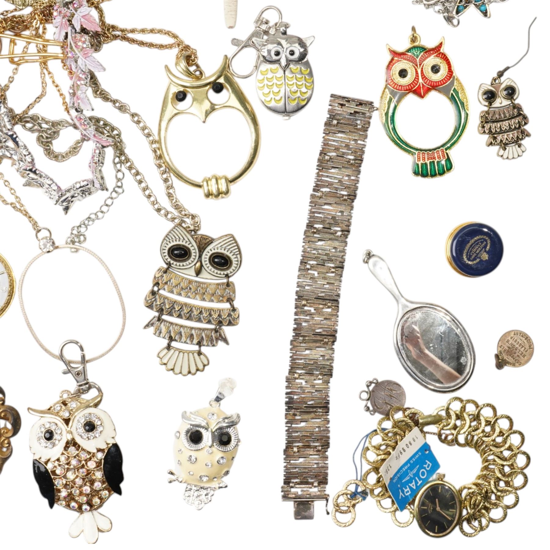Early 20th century gilt metal swallow necklace, 18ct '13' heart pendant, silver panel bracelet, silver chatelaine hand mirror, Birmingham 1922, Halcyon Days enamel box, ladies Rotary wristwatch, Spendid pendant watch, miniature Japanese Satsuma vase and other costume jewellery 