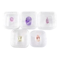  Five loose gemstones including 5.00 carat pear cut morganite, 5.70ct octagonal canary kunzite, 19.75ct oval amethyst, 3.10ct oval rubellite and a 2.60ct pear cruzeiro rubellite