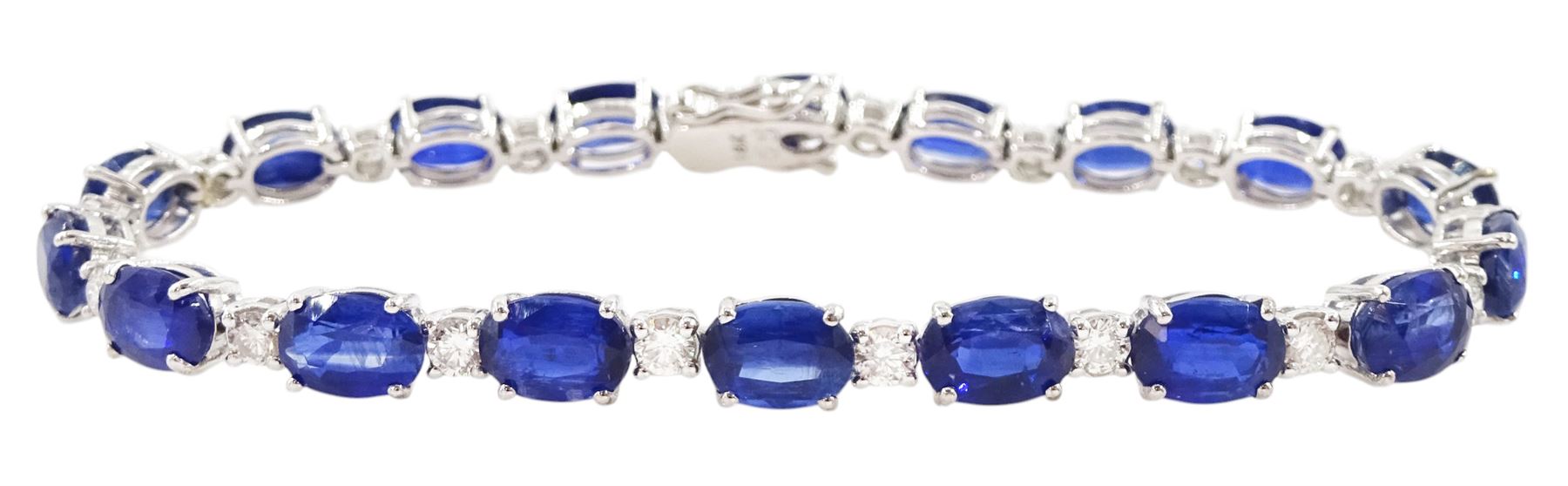 18ct white gold oval cut kyanite and round brilliant cut diamond bracelet, stamped, total kyanite weight 19.25 carat, total diamond weight 1.50 carat, with Wold Gemological Institute report