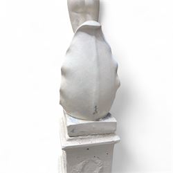 Cast stone garden statue, painted in a white finish on plinth