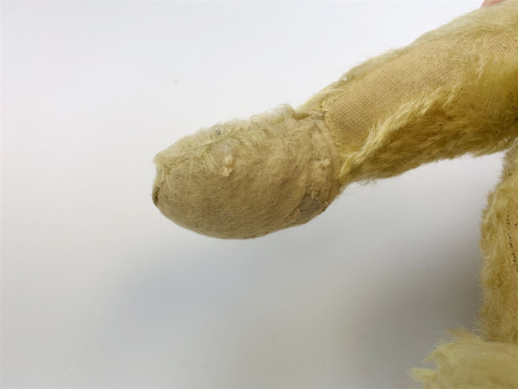 Chad Valley large teddy bear c1930s with wood wool filled blond mohair body, jointed swivel head with glass eyes, shaved muzzle with vertically stitched nose and mouth and jointed limbs H21