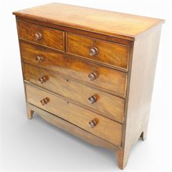 19th century mahogany chest of drawers, two short over three long drawers with turned wooden handles, on bracket feet