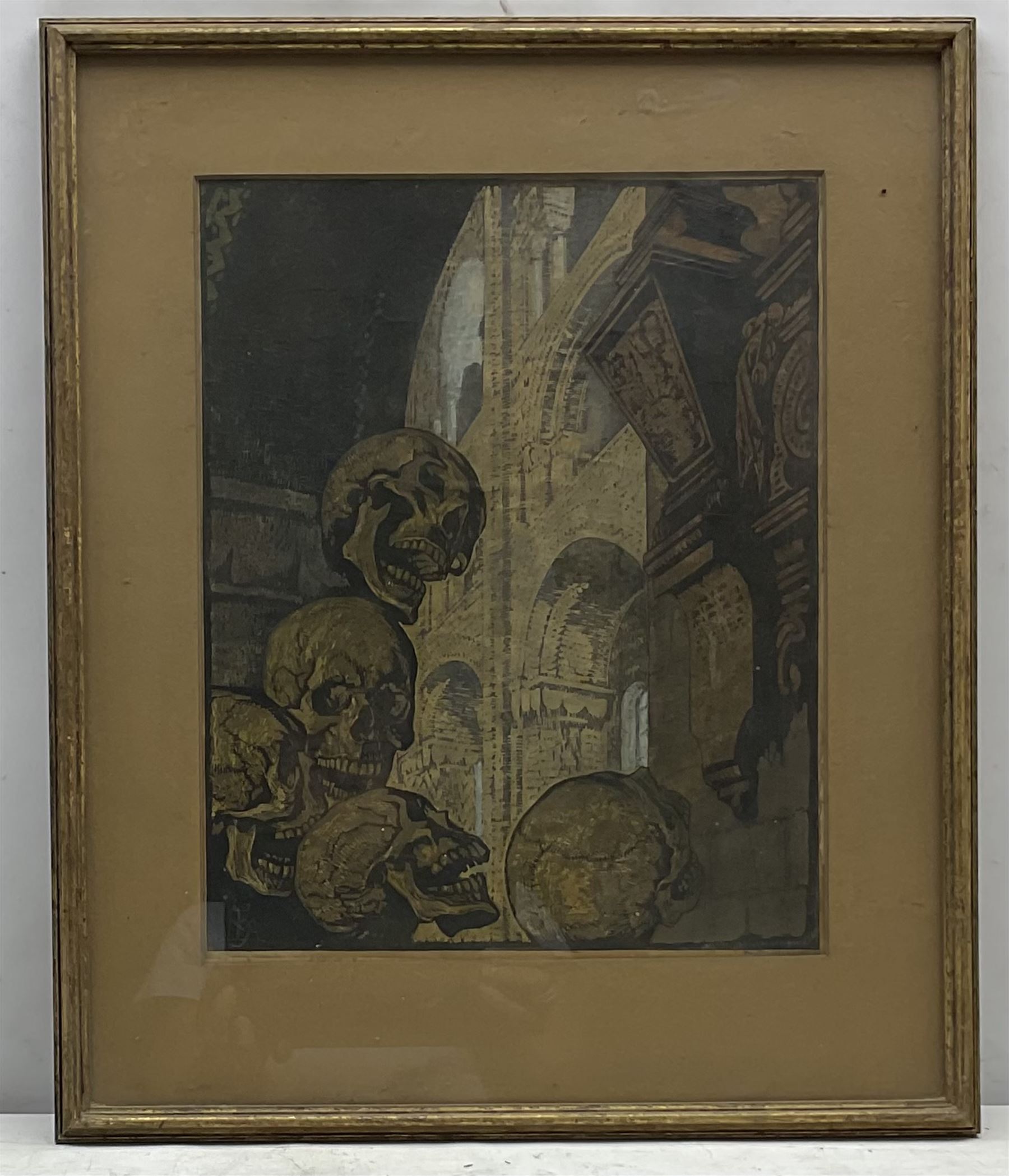 Haydn Reynolds Mackey (British 1881-1979): The Epitaph and the Epilogue, lino cut highlighted in white signed in pencil on the border and monogramed in the image 34cm x 27cm
Provenance: given to the vendor Neil Tyler, a pupil and fellow artist