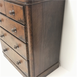  Victorian walnut chest, two short and three long drawers, plinth base, W92cm, H108cm, D54cm  