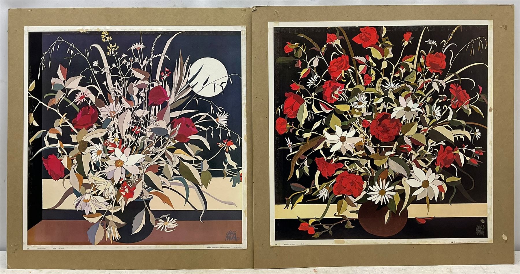 After Georg Rauch (Austrian 1924-2006): 'Moon Floral' and 'Bouquet on Black', pair colour prints 56cm x 56cm (2) (unframed)