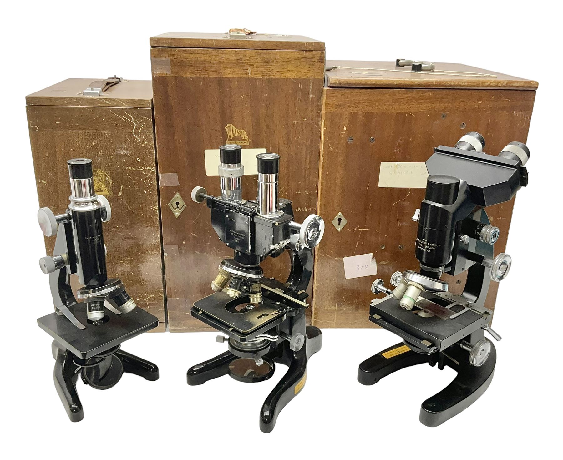 20th century W. Watson & Sons binocular microscope no 98191, in original box, together with W. Watson & Sons Kima microscope no 107846, in original box and Cooke Troughton & Simms binocular microscope no 467926