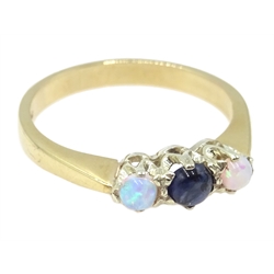  9ct gold cabochon sapphire and opal three stone ring hallmarked  