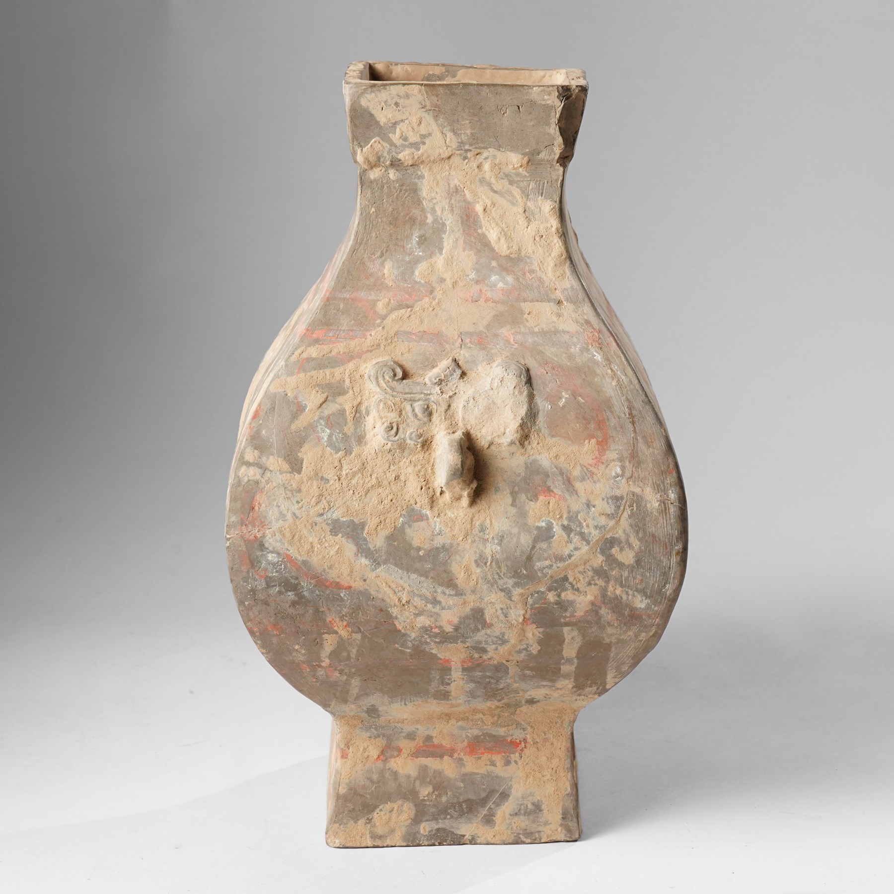 Chinese pottery Fanghu wine vessel, with taotie masks, H32.5cm 