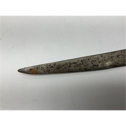 Late Victorian British Military gymnasium practice sword with 85.5cm fullered blunt pointed narrow straight blade, pierced bowl guard and chequered wooden grip L103cm overall; Leon Paul fencing foil with shaped grip and touche wiring; and two reproduction Indian tulwar swords with scabbards (4)