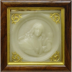  19th century moulded wax plaque entitled 'Womanhood' by Ann Good (1795 - 1878) of circular for with gilded spandrels mounted in a rosewood square frame with gilt slip, 23cm x 23cm   