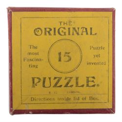Early 20th century and later puzzles and games, including Bikee, 'A Novel and Very Amusing Game', by C.W. Faulkner & Co, Multum-In-Parvo Puzzle by RJ London, The Original 15 Puzzle by RJ London, The Chinese Zig-Zag 'A Wonderful and Extraordinary Puzzle', The Subway Puzzle by R Journet London, etc, all in glazed wooden display case