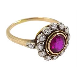 Early 20th century 15ct rose gold round synthetic ruby and milgrain set old cut diamond cluster ring, with diamond set shoulders