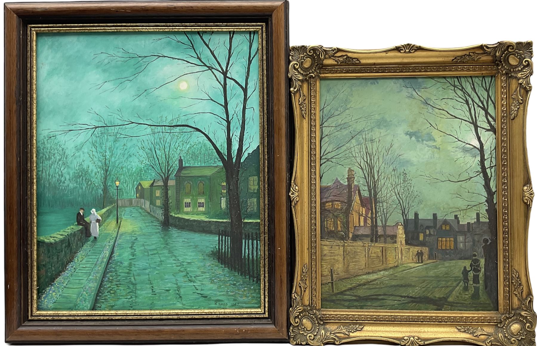Robert Wood (British 20th century) after Atkinson Grimshaw: Moonlight Street scenes, two oils on board signed and dated (19)94/97, 46cm x 37cm (2)