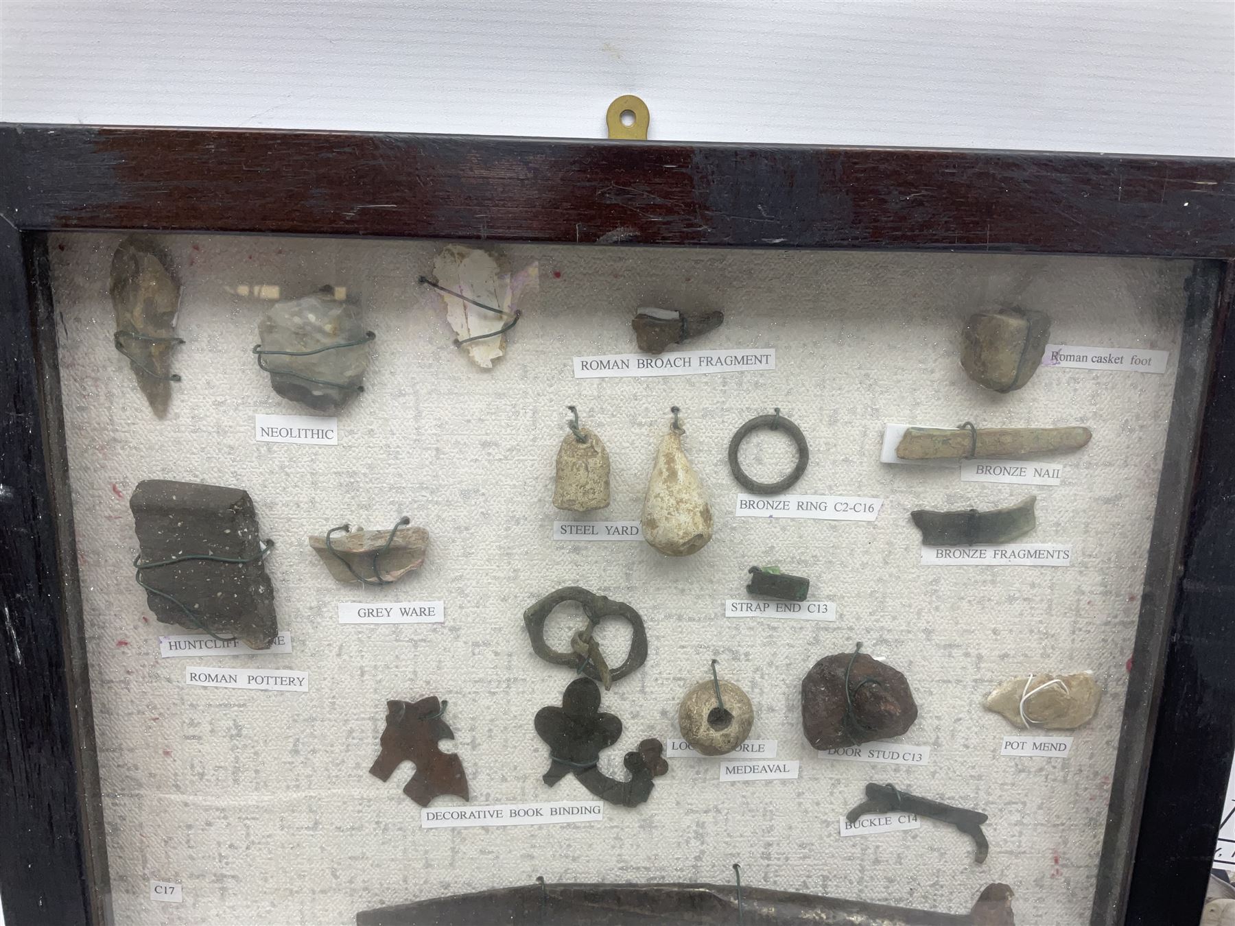 Collection of metal detector finds, to include Neolithic, Roman, medieval  specimens, musket balls, book bindings, tokens, shrapnel etc, 