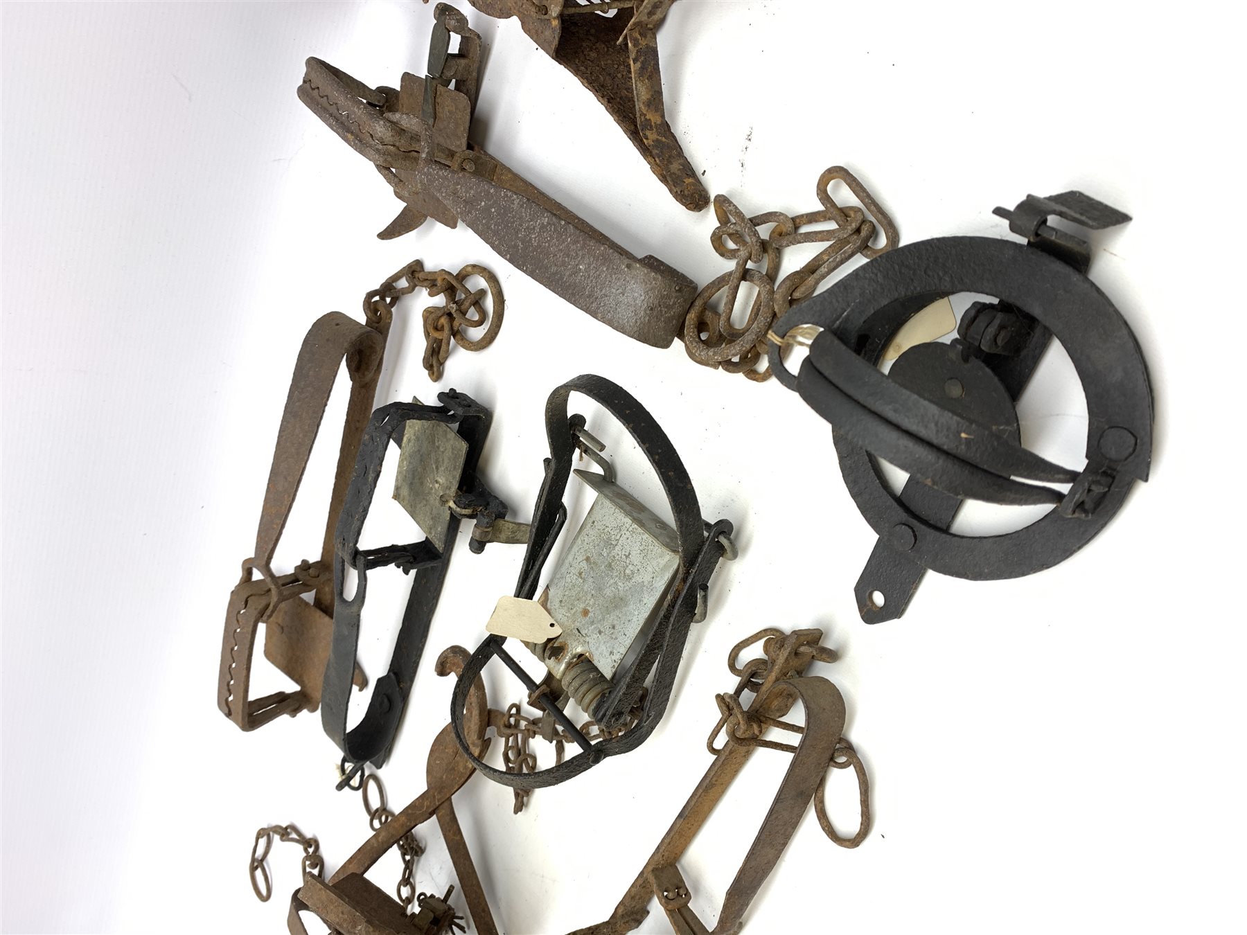 Eleven gin and animal traps including Fenn Mark 1 rabbit trap, 'The Imbra Trap', hawk trap with flat jaws, mole traps etc. Auctioneer's Note: These traps are sold as artefacts for ornamental purposes only as the use of some of them is illegal.