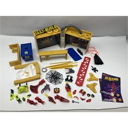Group of early 90s Marvel/DC Comics toys; 1993 Kenner Batmobile with original Batman figure and plane; Marvel Comics Spider-Man 1994 Web of Steel series Hobgoblin Wing Bomber, incomplete Daily Bugle Playset and Scorpion; assorted figurines and later accessories 