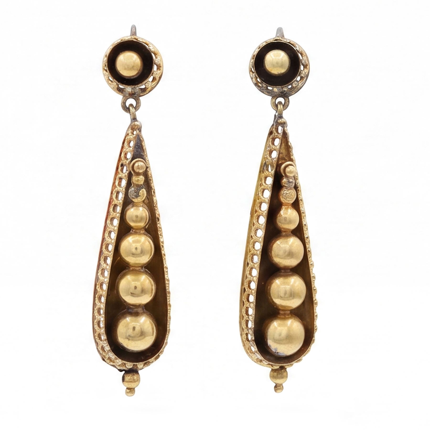 Pair of 19th century gold bead pendant earrings, each set with five graduating beads suspended within a pear shape setting