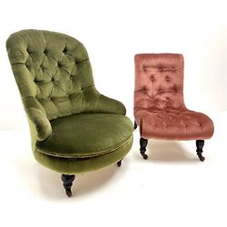 Victorian nursing chair upholstered in buttoned green fabric on turned supports (W70cm) and a Victorian nursing chair upholstered in coral fabric, turned supports (W50cm)
