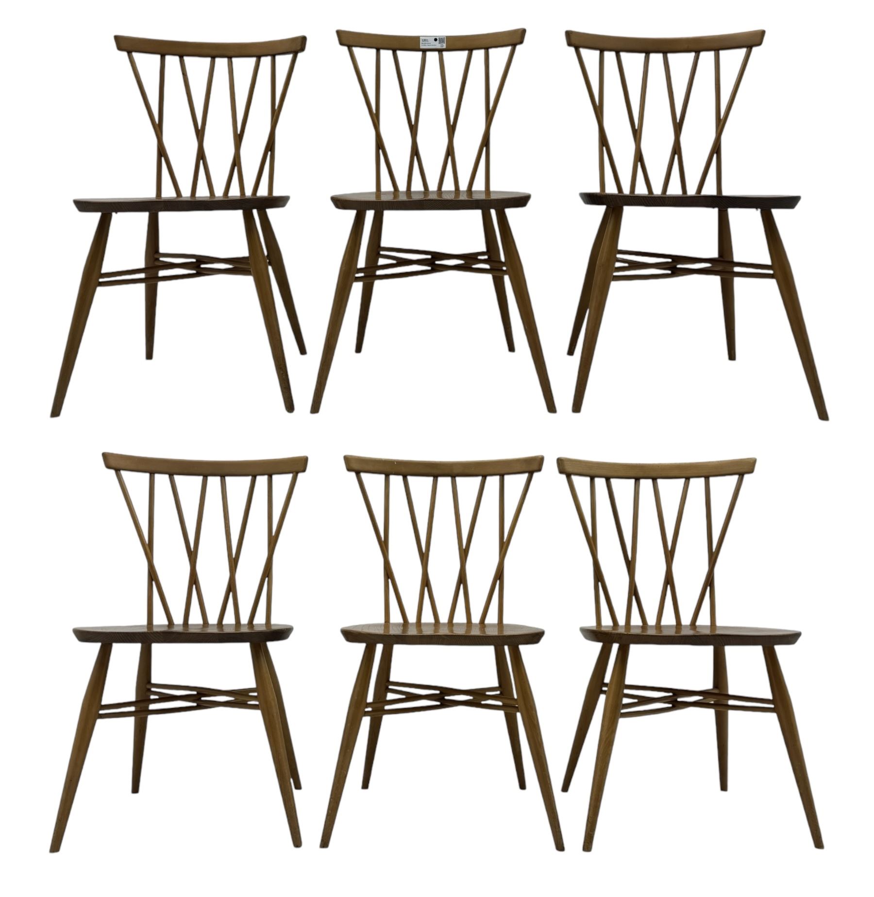 Lucian Ercolani for Ercol - set of six 'Shalstone dining chairs, curved top rail and spindle back with criss-cross design, solid seat raised on tapering supports, united by matching criss-cross stretchers