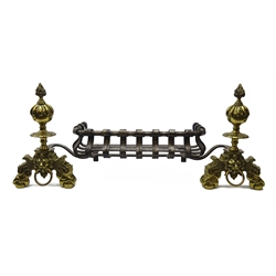  20th century fire basket, hand forged wrought iron fire basket, s-scrolled supports, with ornate brass dogs with pointed finials and moulded lion masks, W97cm (max)  