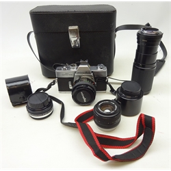  Minolta SRT101B 35mm camera with Minolta MC Rokkor PF 50mm lens, other lenses and Auto Tele Converter in carrying case  