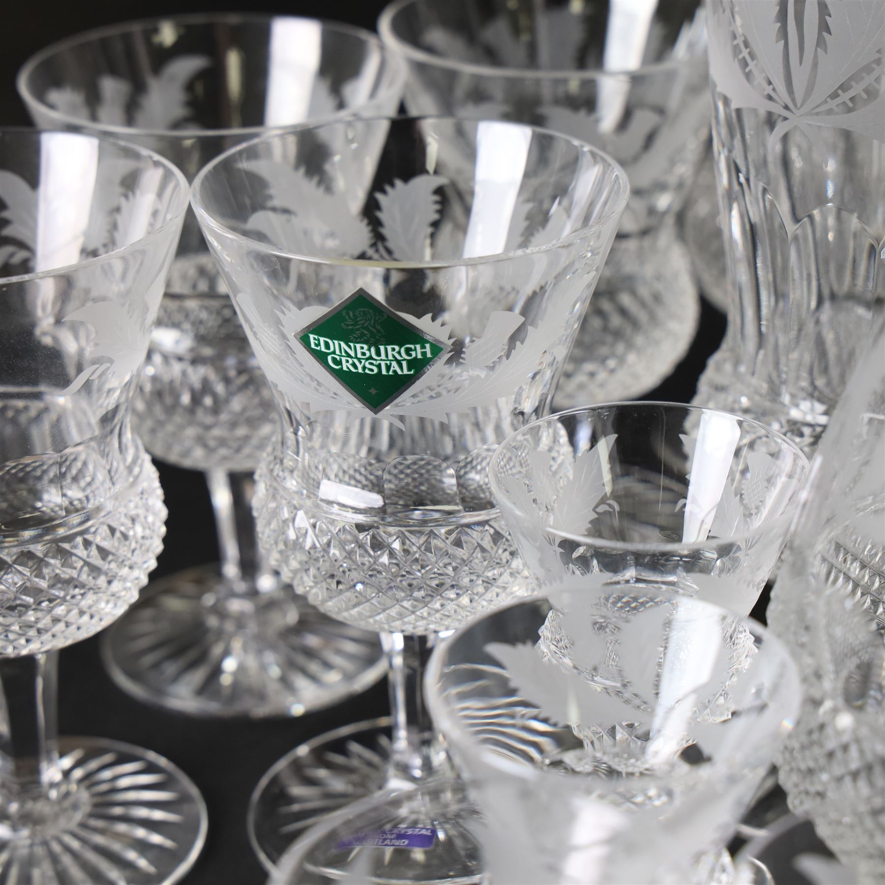 Edinburgh Crystal Thistle pattern suite of glass for ten, comprising champagne, white wine, red wine, brandy balloons, sherry, port and tumblers 