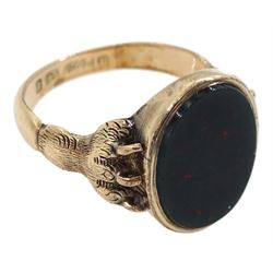Victorian 9ct rose gold single stone bloodstone signet ring, with textured animal claw shoulders, Birmingham 1873