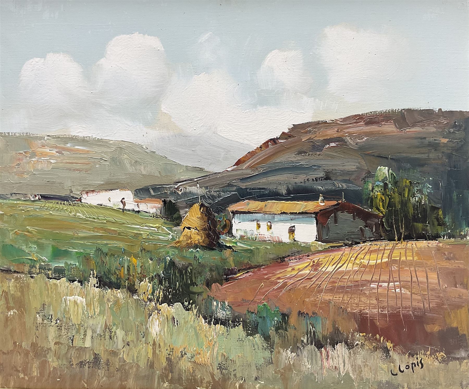Llopis (Portuguese Contemporary): View Towards the Farm, oil on canvas signed  45cm x 54cm 