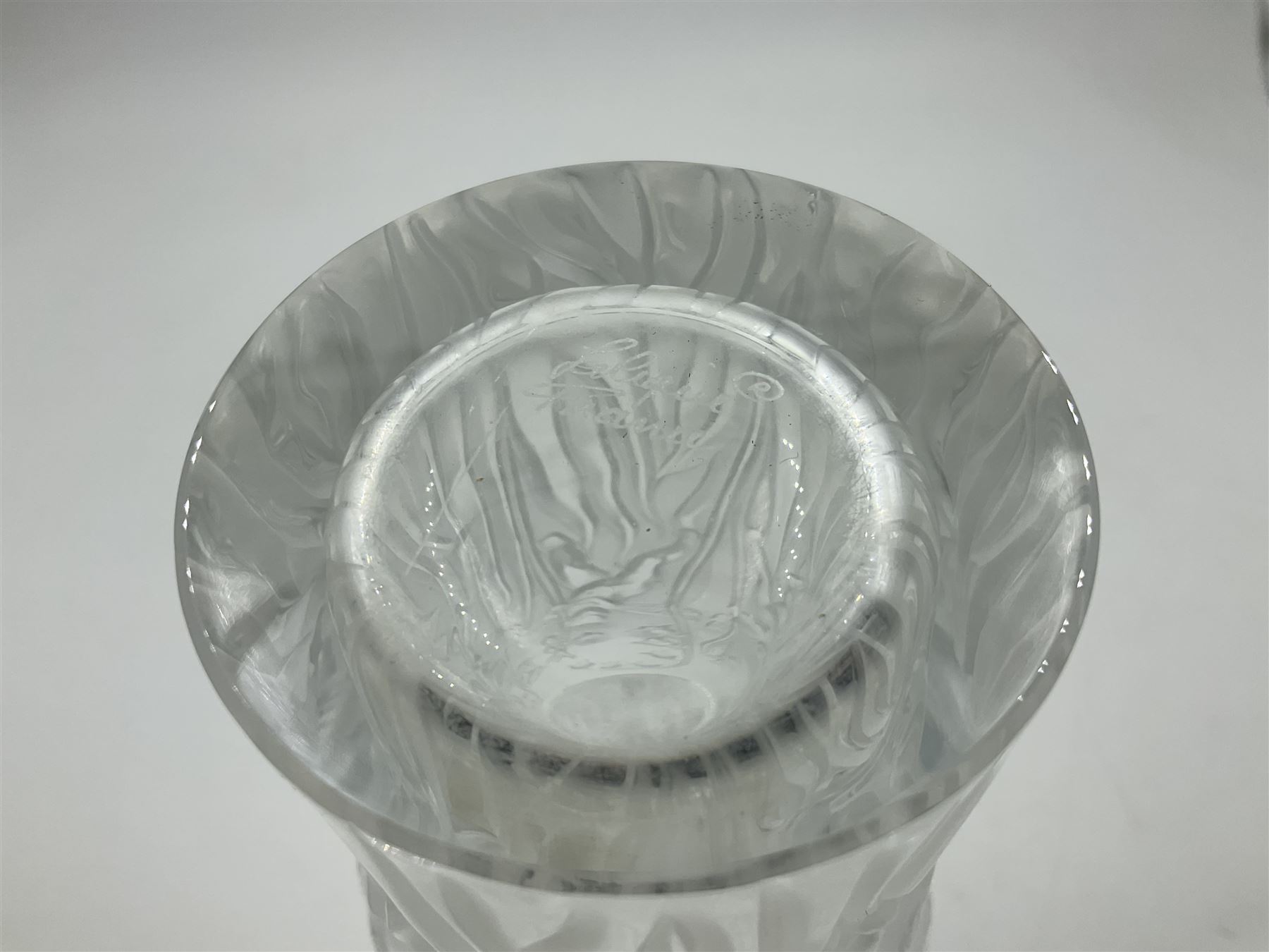 Lalique Elves frosted glass vase, moulded with elves playing amongst bluebells, circa 2005, with engraved Lalique France mark beneath, H19.5cm