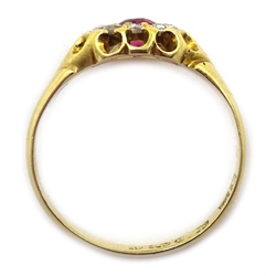  Victorian 18ct gold ring, central ruby surrounded by diamonds, Birmingham 1898  