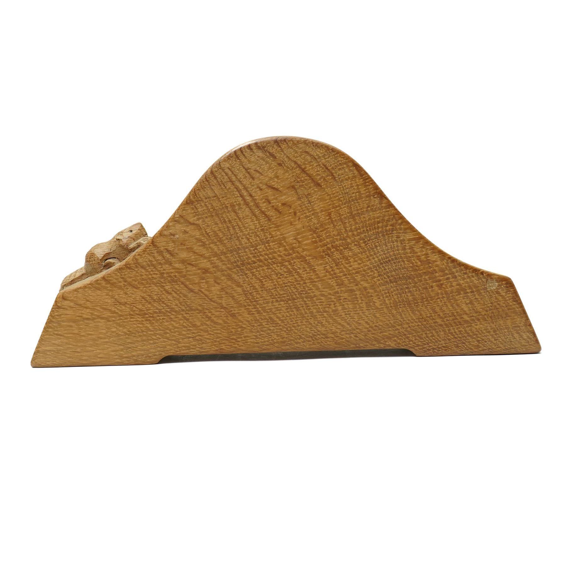 Beaverman - oak arched top mantel clock, with acorn and oak leaf carvings to spandrels, fitted with Hermle Quartz movement with Roman dial, with carved beaver signature, by Colin Almack of Sutton near Thirsk