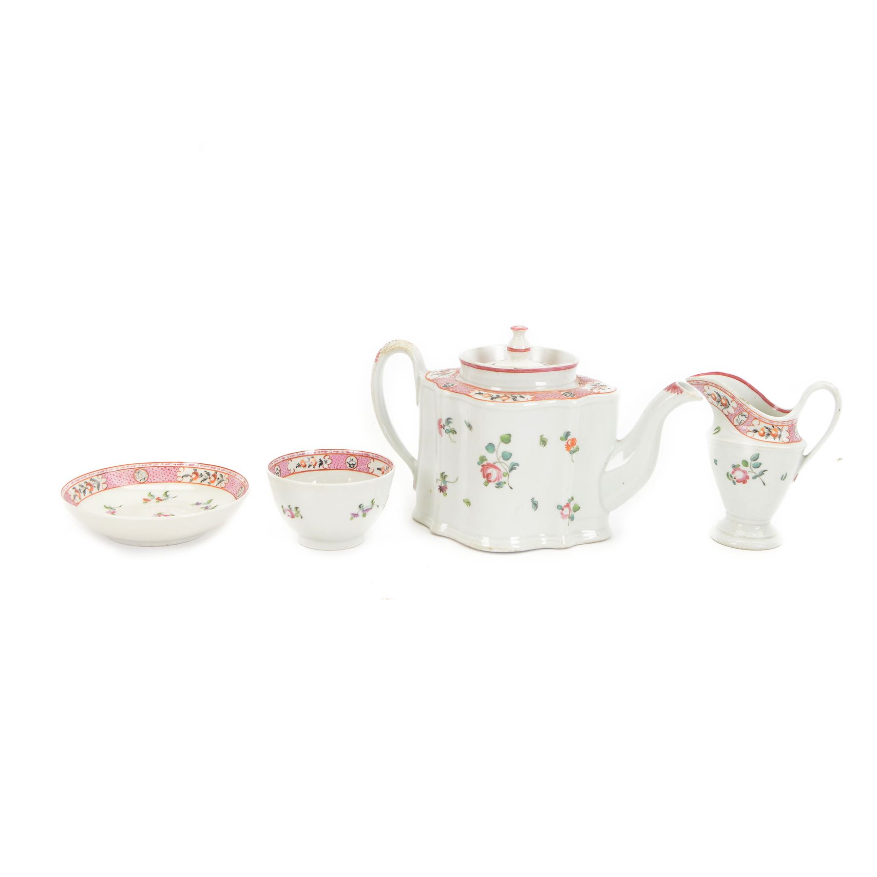 19th century Newhall silver shape teapot and cover, together with helmet jug, tea bowl and saucer all in pattern 311, teapot H16cm