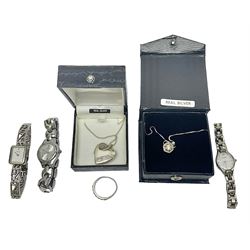 Two silver necklaces, silver stone set ring and three ladies wristwatches