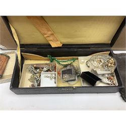 Clear glass demijohn / carboy, four wine bottles with wicker baskets, W T Avery & Co scales, Singer sewing machine, quantity of costume jewellery, trophy stand with silver-plate shields, quantity of vinyl records, stamps etc