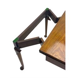 George III mahogany fold-top card table, shaped rectangular top opening to reveal a baize-lined surface, supported by a concertina pull-out concertina rear mechanism, raised on cabriole supports with foliate carvings terminating in pad feet