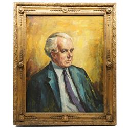 Brenda Bury (British 1932-): Members of European Parliament - 'Frederick Ponsonby 10th Earl of Bessborough' 'Rafton Pounder' 'Sir James Scott Hopkins' 'William Murray 8th Earl of Mansfield & Mansfield' 'John Brewis' and 'Peter Kerr 12th Marquess of Lothian', set of six oils on canvas variously signed, one dated '74, in matching frames, 76cm x 59cm (6)
Provenance: Property of a Nobleman.