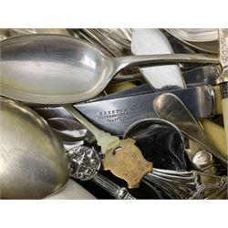 Collection of silver-plated cutlery including cased set of six EPNS cake forks, Royal Crown Derby pie server, sugar tongs, ladles, etc