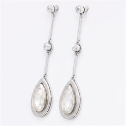 Platinum diamond modernist pendant stud earrings, set with a single rose pear cut diamond of approx 1.00 and 1.20 carat each, suspending from two milgrain set old cut diamonds, to screw back settings, total diamond weight approx 2.40 carat