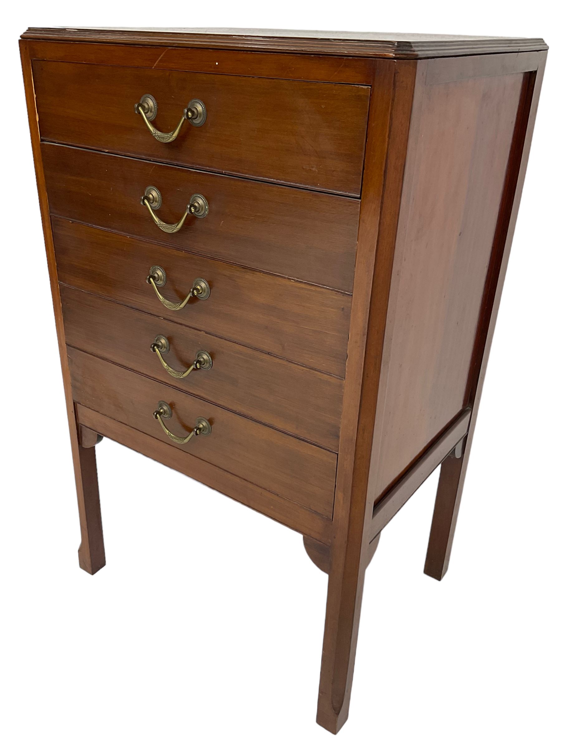 Edwardian mahogany five-drawer music cabinet, moulded top over five drawers with fall fronts, on chamfered square supports 