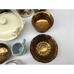 Group of Victorian and later copper lustre, to include jugs painted with flowers, bowls etc, pink Sunderland lustre jug decorated with black transfer scene, other ceramics to include Alfred Meakin lidded tureen etc