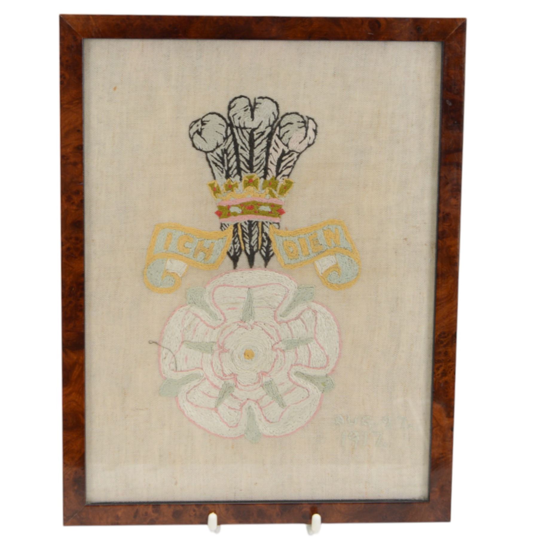 Three framed embroidered panels of military crests,  The Royal Regiment of Canadian Artillery, Army Service Corps and Yorkshire Yeomanry Hussars